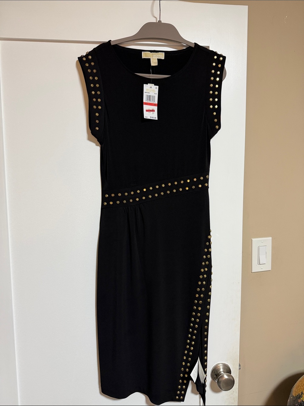 Michael Kors Black Midi Sheath Dress with Gold Studs NWT